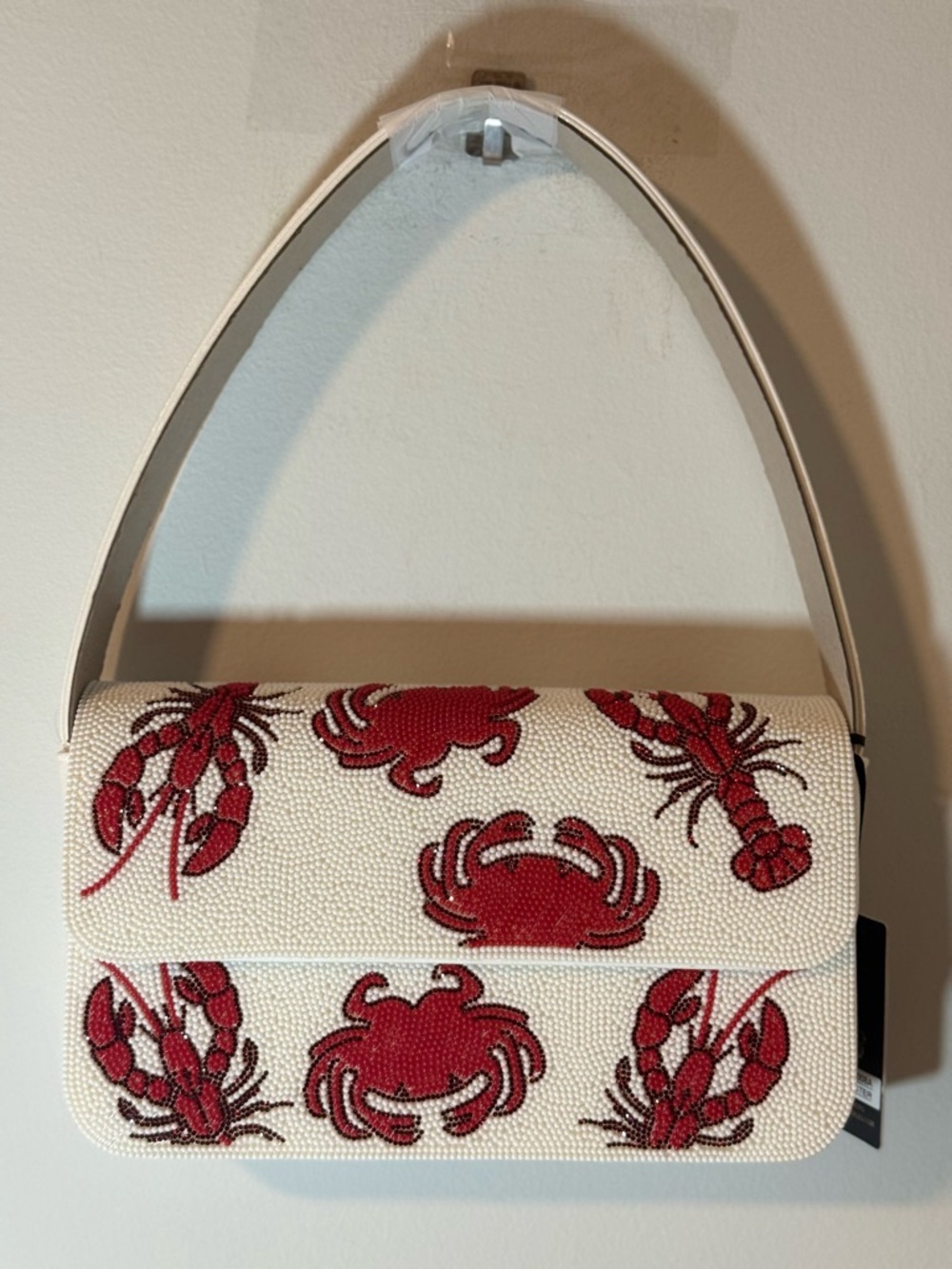 White Beaded Lobsters & Crabs Shoulder Bag